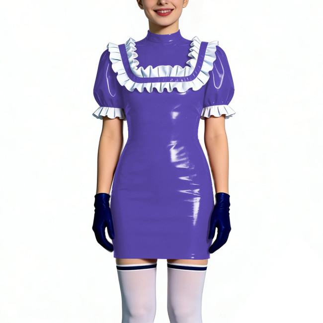 Gothic Shiny PVC Leather Bodycon Mini Dress with Ruffles Womens Short Sleeve Skinny Party Short Dress Club Tight Gown Vestidos