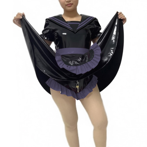 Glossy PVC Leather Lockable Maid Bodysuit with Apron Halloween Party Cosplay Outfits Mens Sissy Club Maid Sexy Skirted Rompers