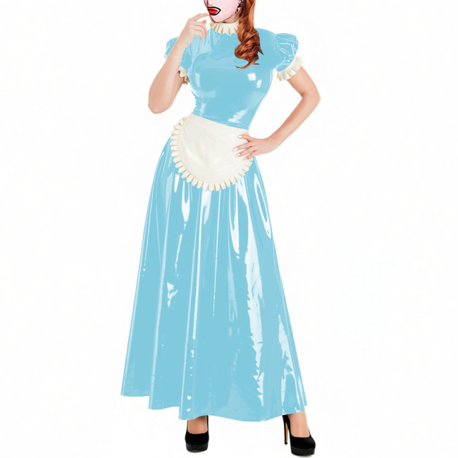 Lockable Short Sleeve Sissy Maid Dress Sets Shiny PVC Party Crossdresser Pleated Long Maid Dresses Wet Look Cosplay Outfits