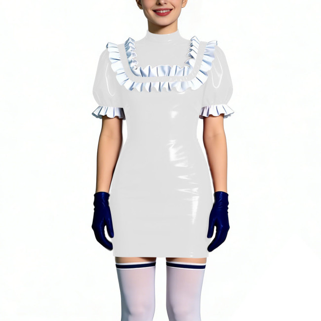 Gothic Shiny PVC Leather Bodycon Mini Dress with Ruffles Womens Short Sleeve Skinny Party Short Dress Club Tight Gown Vestidos