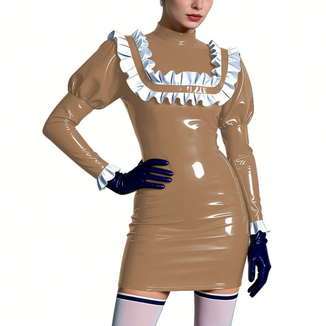 Mock Neck Shiny Ruffles Mini Dress Womens PVC Leather Short Prom Dress Cocktail Party Bodycon Dress Lolita Masquerade Costume
