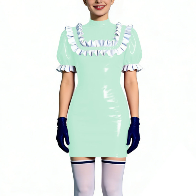 Gothic Shiny PVC Leather Bodycon Mini Dress with Ruffles Womens Short Sleeve Skinny Party Short Dress Club Tight Gown Vestidos