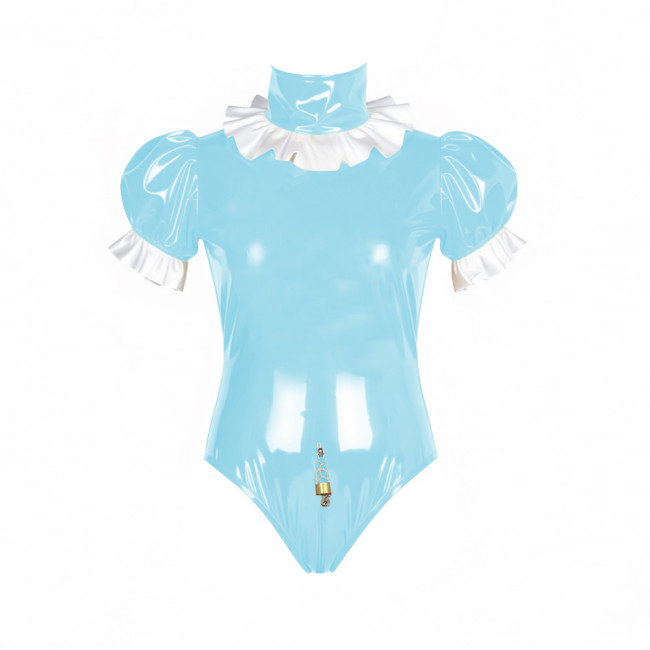 Sissy Lockable Shiny Turtleneck PVC Bodysuit Ruffle Short Sleeve Zipper Open Crotch Rompers Glossy Patent Leather Party Leotard