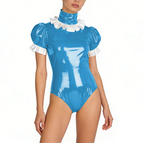 Sexy Womens PVC Glossy Leather Bodysuit Turtleneck Puff Sleeve Ruffled Lockable Skinny Rompers Party Club Stage Wetlook Playsuit