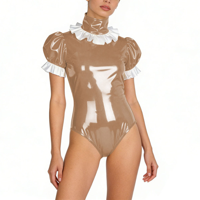 Sexy Womens PVC Glossy Leather Bodysuit Turtleneck Puff Sleeve Ruffled Lockable Skinny Rompers Party Club Stage Wetlook Playsuit