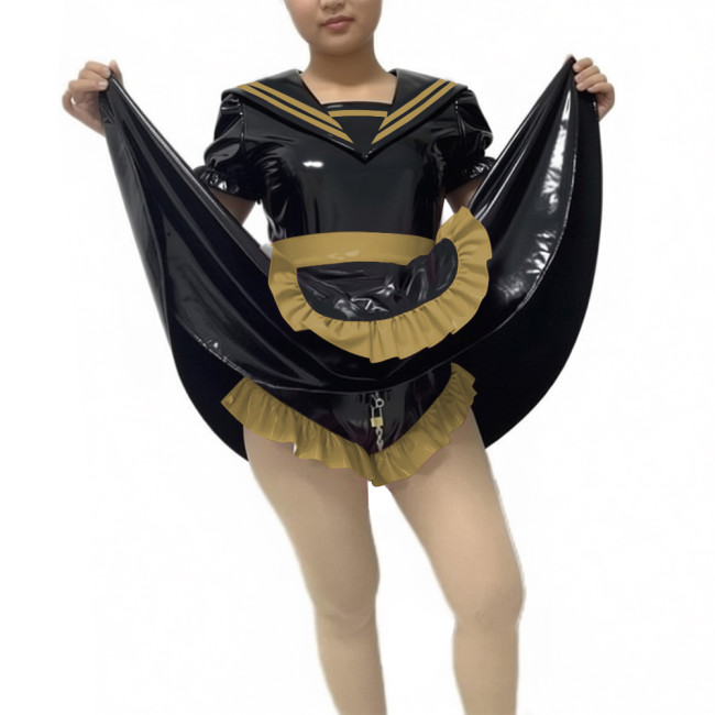 Glossy PVC Leather Lockable Maid Bodysuit with Apron Halloween Party Cosplay Outfits Mens Sissy Club Maid Sexy Skirted Rompers
