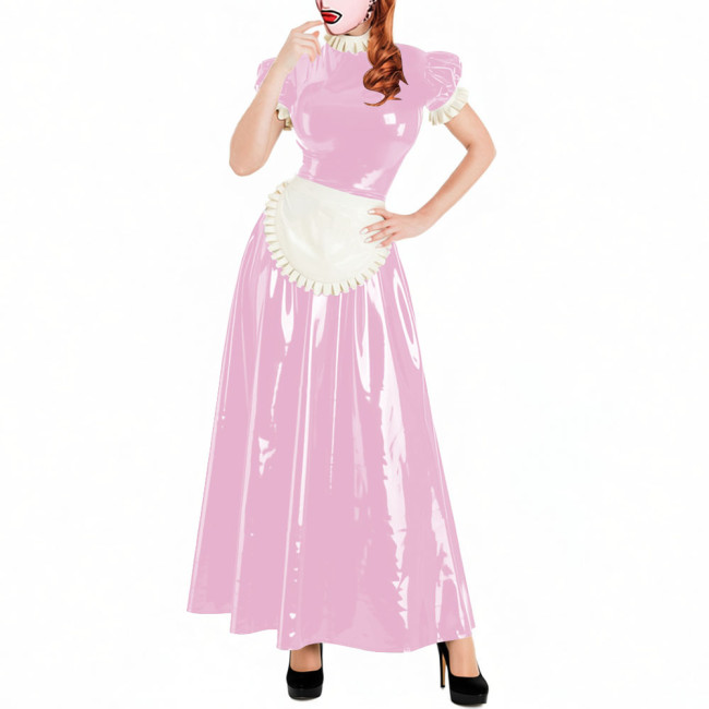 Lockable Short Sleeve Sissy Maid Dress Sets Shiny PVC Party Crossdresser Pleated Long Maid Dresses Wet Look Cosplay Outfits