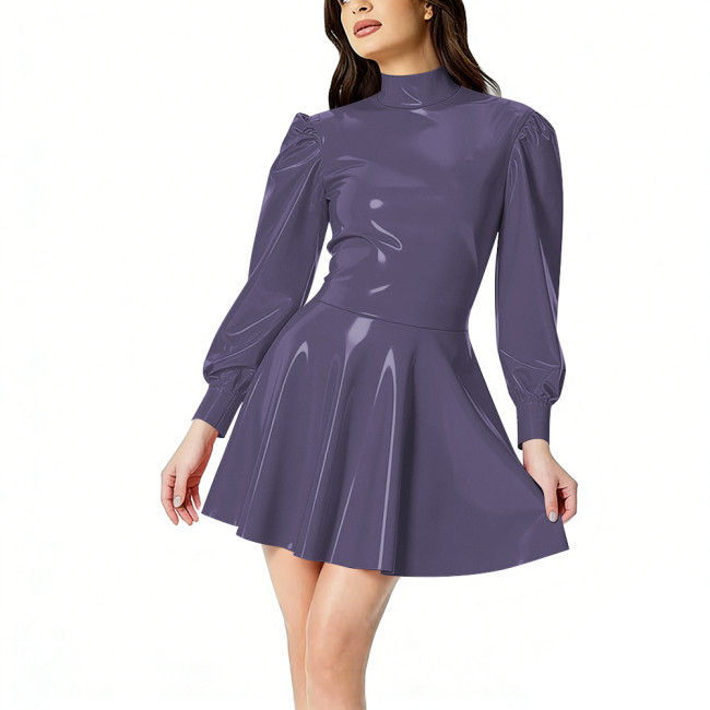 Women's PVC Shiny Mini Dress Fashion Puff Long Sleeve Turtleneck Pleated Dress Glossy Patent Leather Carnival Party Short Dress