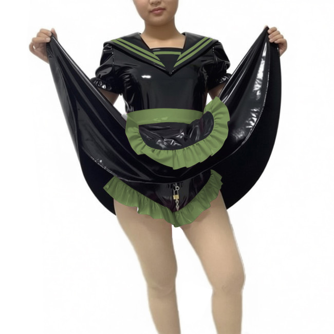 Glossy PVC Leather Lockable Maid Bodysuit with Apron Halloween Party Cosplay Outfits Mens Sissy Club Maid Sexy Skirted Rompers