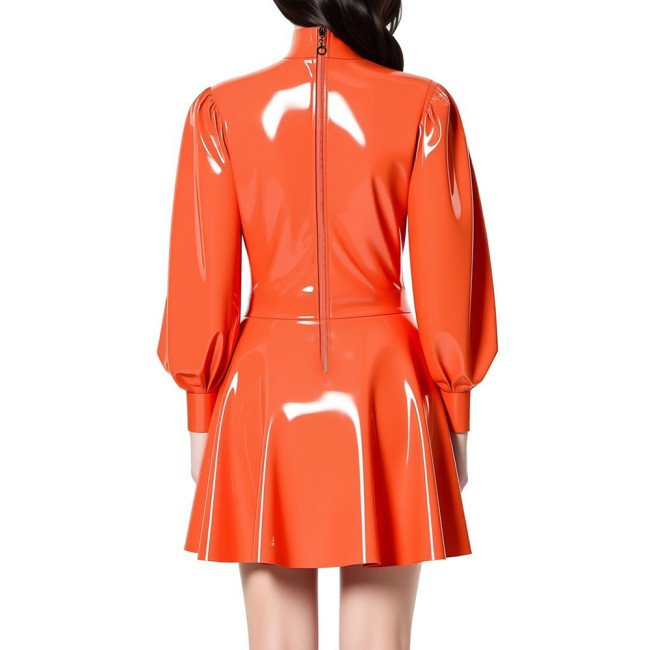 Women's PVC Shiny Mini Dress Fashion Puff Long Sleeve Turtleneck Pleated Dress Glossy Patent Leather Carnival Party Short Dress