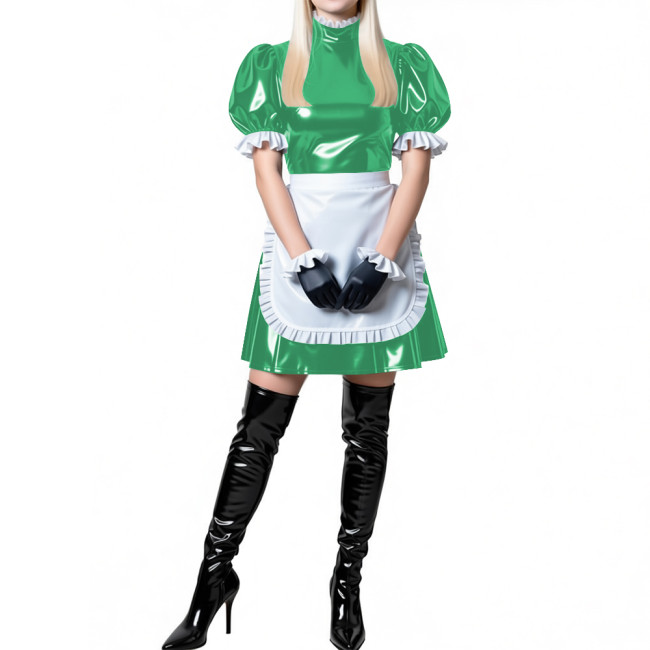 Shiny Lolita Puff Sleeve A-line Maid Dress with Apron Lockable Maid Uniforms Wet Look PVC Leather Sissy Roleplay Dress Outfits