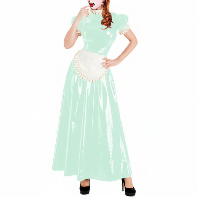 Lockable Short Sleeve Sissy Maid Dress Sets Shiny PVC Party Crossdresser Pleated Long Maid Dresses Wet Look Cosplay Outfits
