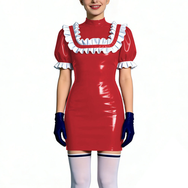 Gothic Shiny PVC Leather Bodycon Mini Dress with Ruffles Womens Short Sleeve Skinny Party Short Dress Club Tight Gown Vestidos
