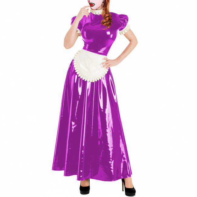 Lockable Short Sleeve Sissy Maid Dress Sets Shiny PVC Party Crossdresser Pleated Long Maid Dresses Wet Look Cosplay Outfits