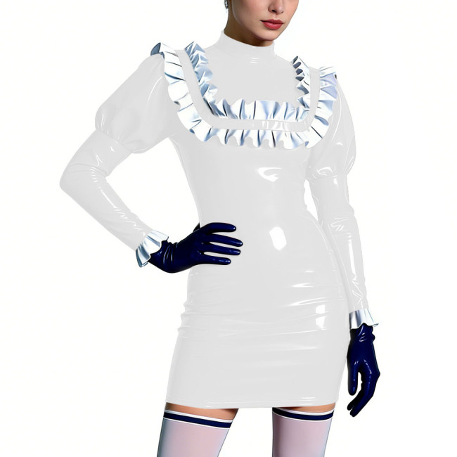 Mock Neck Shiny Ruffles Mini Dress Womens PVC Leather Short Prom Dress Cocktail Party Bodycon Dress Lolita Masquerade Costume