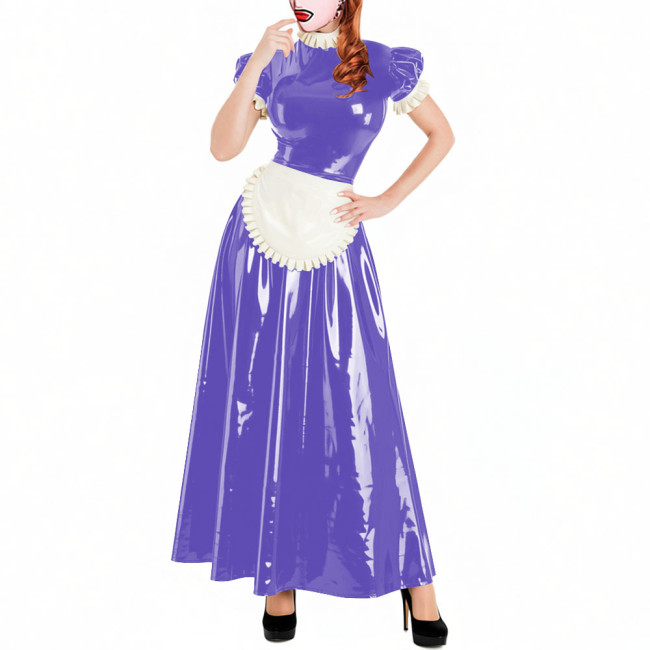Lockable Short Sleeve Sissy Maid Dress Sets Shiny PVC Party Crossdresser Pleated Long Maid Dresses Wet Look Cosplay Outfits