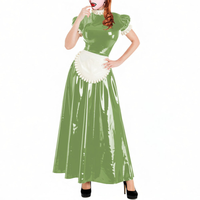 Lockable Short Sleeve Sissy Maid Dress Sets Shiny PVC Party Crossdresser Pleated Long Maid Dresses Wet Look Cosplay Outfits