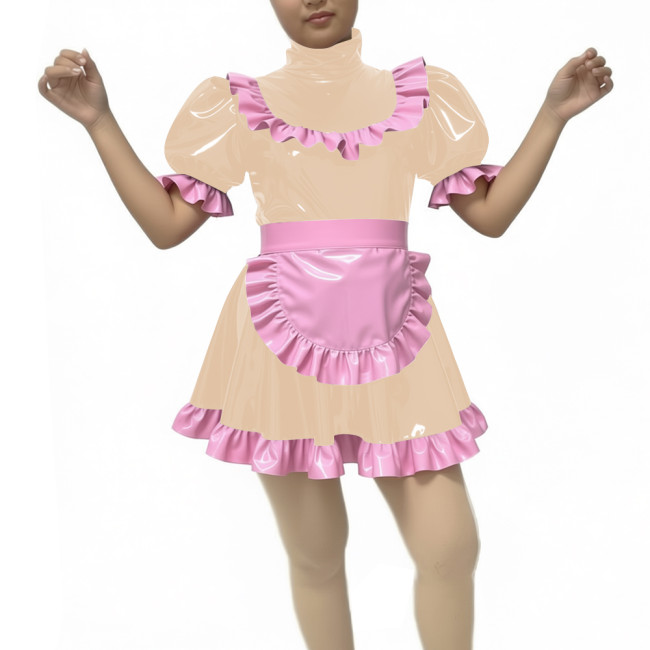 Sweet Cute Lolita Dress Maid Outfit 2026 New artificial leather Kawaii Bowknot Short Sleeve Girl Princess Lolita Dress + Apron