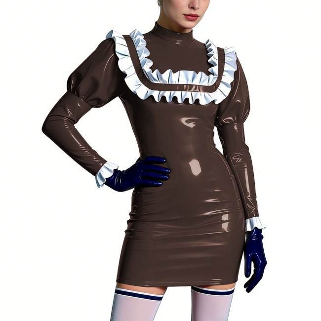 Mock Neck Shiny Ruffles Mini Dress Womens PVC Leather Short Prom Dress Cocktail Party Bodycon Dress Lolita Masquerade Costume