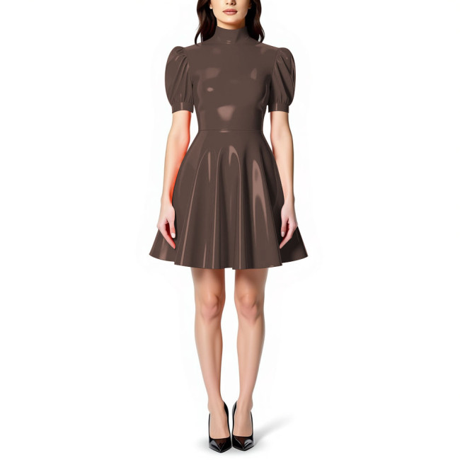Womens High Neck PVC Shiny Mini Flared Skater Dress Glossy Patent Leather A-line Party Dress for Evening Party Clubwear Female