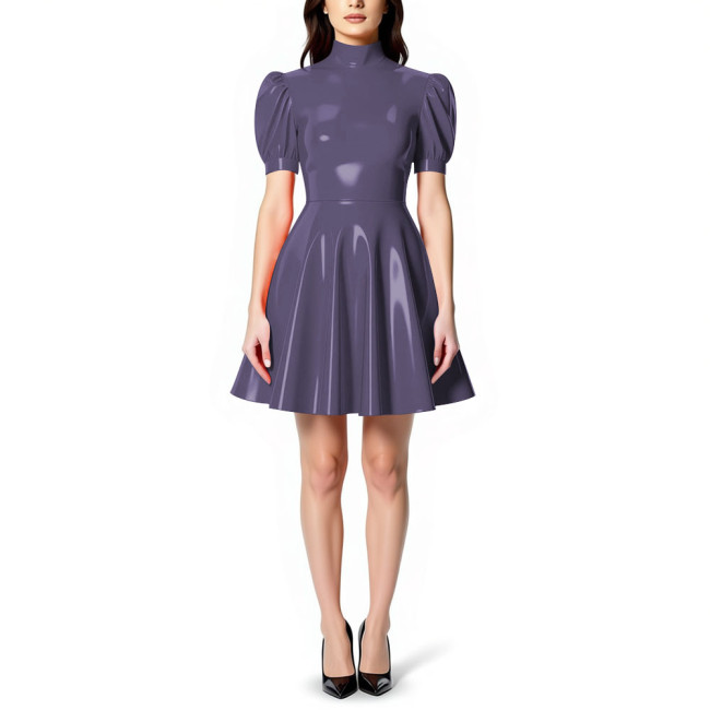 Womens High Neck PVC Shiny Mini Flared Skater Dress Glossy Patent Leather A-line Party Dress for Evening Party Clubwear Female