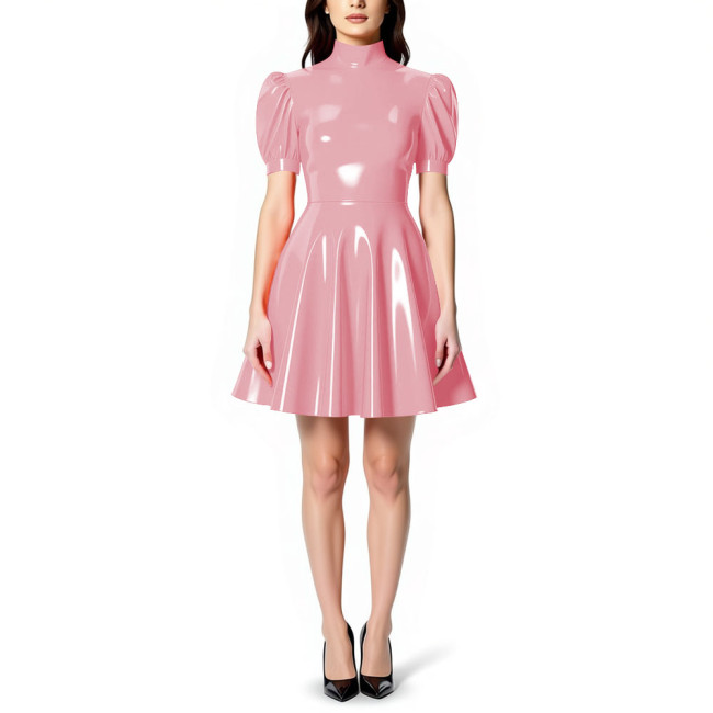Womens High Neck PVC Shiny Mini Flared Skater Dress Glossy Patent Leather A-line Party Dress for Evening Party Clubwear Female