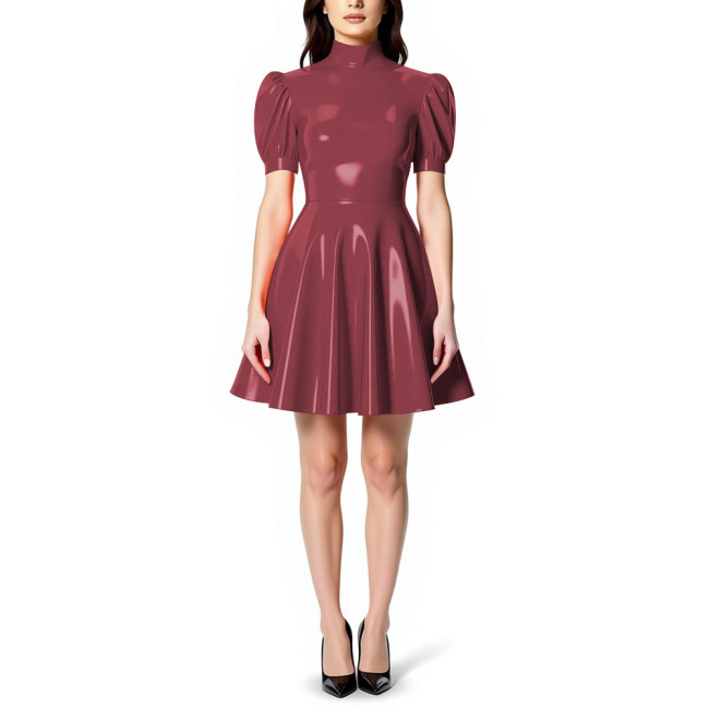 Womens High Neck PVC Shiny Mini Flared Skater Dress Glossy Patent Leather A-line Party Dress for Evening Party Clubwear Female