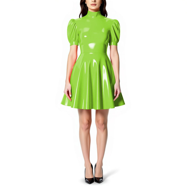 Womens High Neck PVC Shiny Mini Flared Skater Dress Glossy Patent Leather A-line Party Dress for Evening Party Clubwear Female