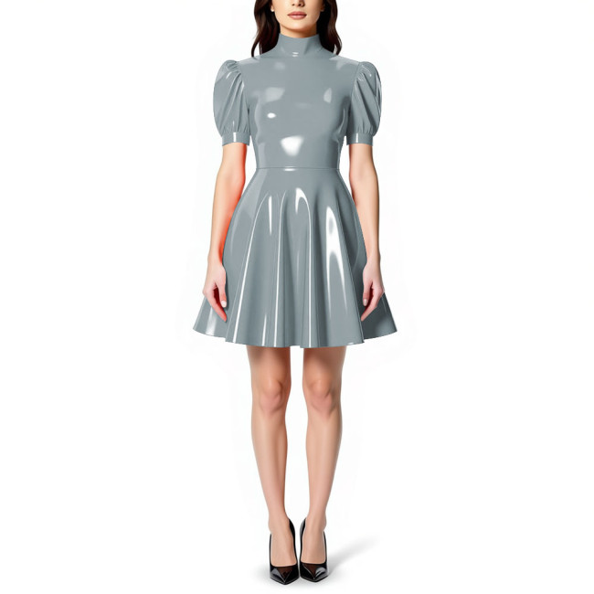 Womens High Neck PVC Shiny Mini Flared Skater Dress Glossy Patent Leather A-line Party Dress for Evening Party Clubwear Female