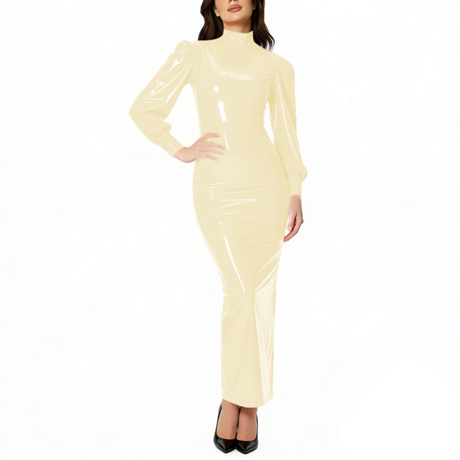 Women's High Street Shiny PVC Leather Maxi Dress High Neck Puff Sleeve Bodycon Fit Glossy Long Dress for Party Evening Clubwear
