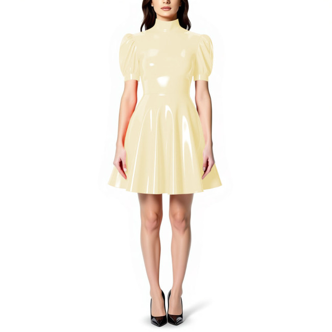 Womens High Neck PVC Shiny Mini Flared Skater Dress Glossy Patent Leather A-line Party Dress for Evening Party Clubwear Female