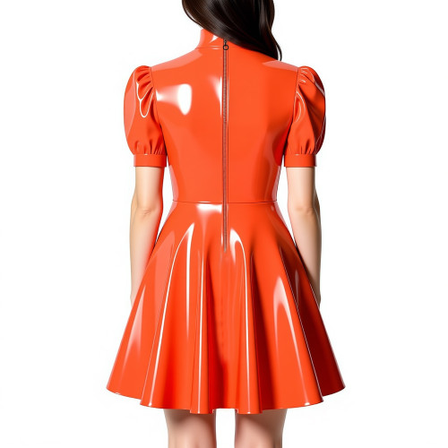 Womens High Neck PVC Shiny Mini Flared Skater Dress Glossy Patent Leather A-line Party Dress for Evening Party Clubwear Female
