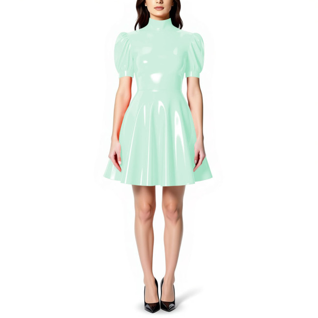 Womens High Neck PVC Shiny Mini Flared Skater Dress Glossy Patent Leather A-line Party Dress for Evening Party Clubwear Female