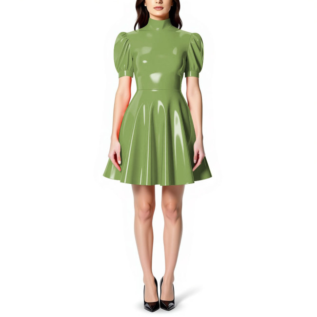 Womens High Neck PVC Shiny Mini Flared Skater Dress Glossy Patent Leather A-line Party Dress for Evening Party Clubwear Female