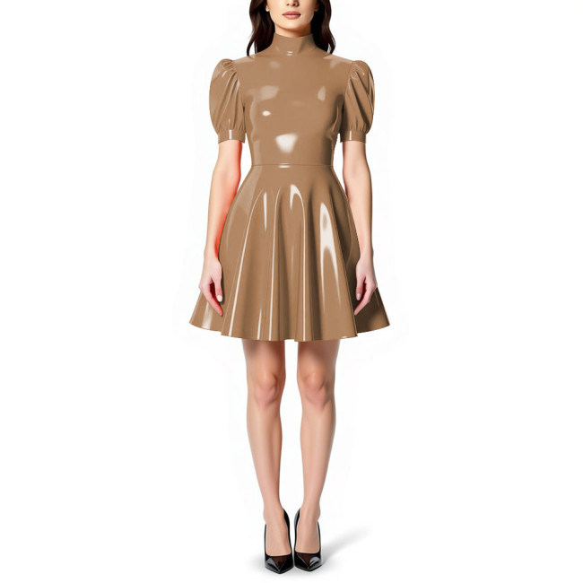 Womens High Neck PVC Shiny Mini Flared Skater Dress Glossy Patent Leather A-line Party Dress for Evening Party Clubwear Female