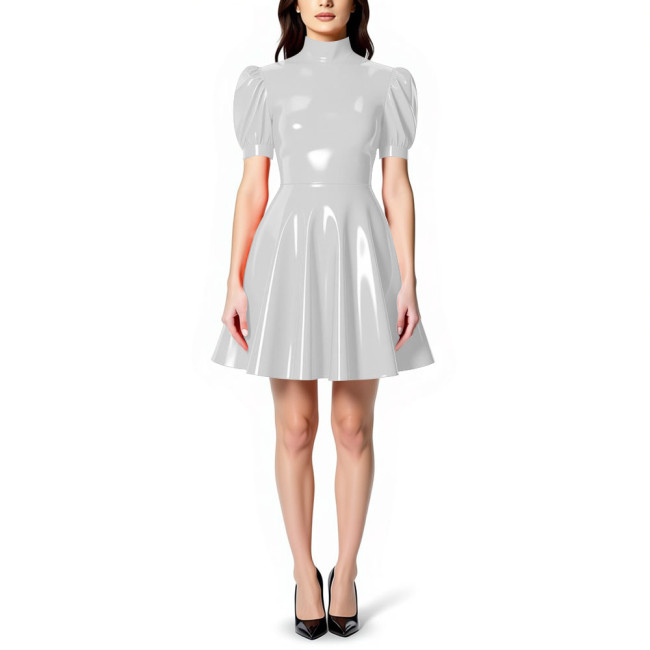Womens High Neck PVC Shiny Mini Flared Skater Dress Glossy Patent Leather A-line Party Dress for Evening Party Clubwear Female