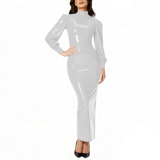 Women's High Street Shiny PVC Leather Maxi Dress High Neck Puff Sleeve Bodycon Fit Glossy Long Dress for Party Evening Clubwear