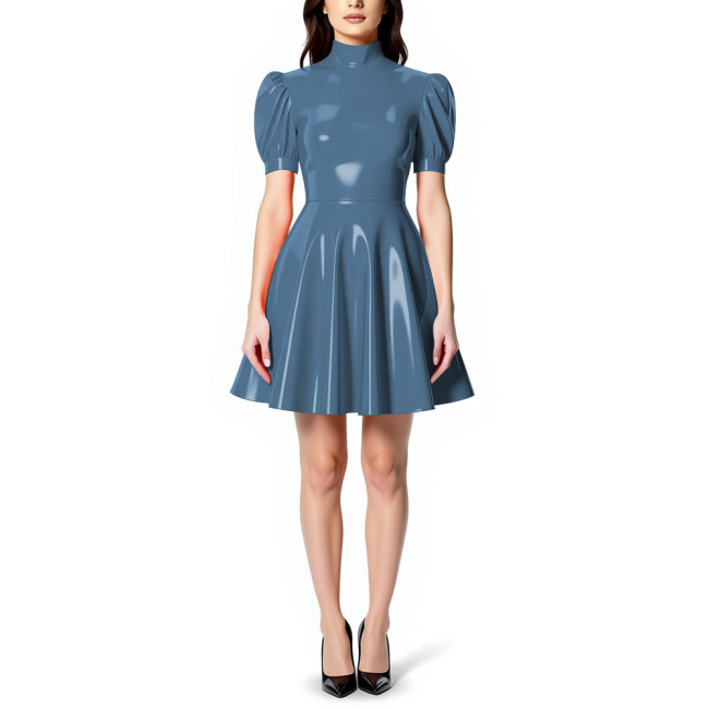 Womens High Neck PVC Shiny Mini Flared Skater Dress Glossy Patent Leather A-line Party Dress for Evening Party Clubwear Female