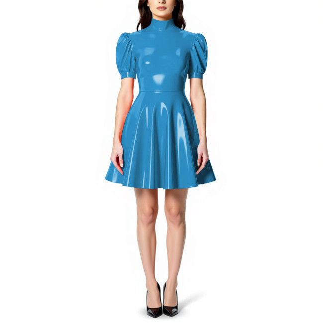 Womens High Neck PVC Shiny Mini Flared Skater Dress Glossy Patent Leather A-line Party Dress for Evening Party Clubwear Female