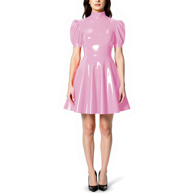 Womens High Neck PVC Shiny Mini Flared Skater Dress Glossy Patent Leather A-line Party Dress for Evening Party Clubwear Female