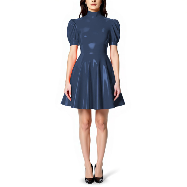 Womens High Neck PVC Shiny Mini Flared Skater Dress Glossy Patent Leather A-line Party Dress for Evening Party Clubwear Female