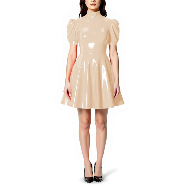 Womens High Neck PVC Shiny Mini Flared Skater Dress Glossy Patent Leather A-line Party Dress for Evening Party Clubwear Female