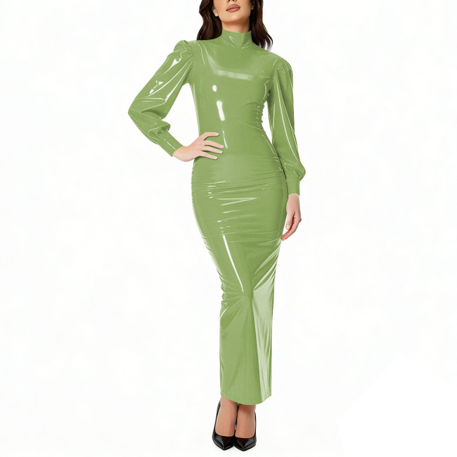 Women's High Street Shiny PVC Leather Maxi Dress High Neck Puff Sleeve Bodycon Fit Glossy Long Dress for Party Evening Clubwear