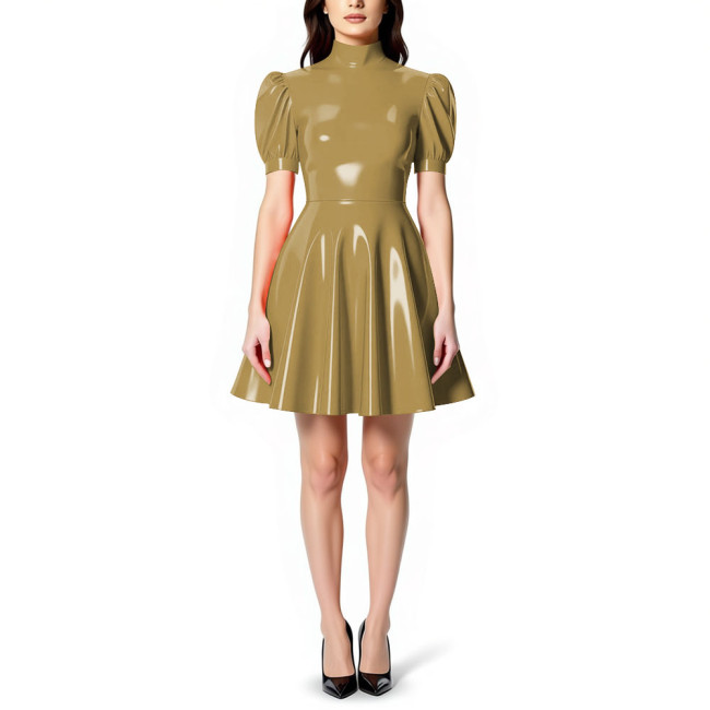 Womens High Neck PVC Shiny Mini Flared Skater Dress Glossy Patent Leather A-line Party Dress for Evening Party Clubwear Female