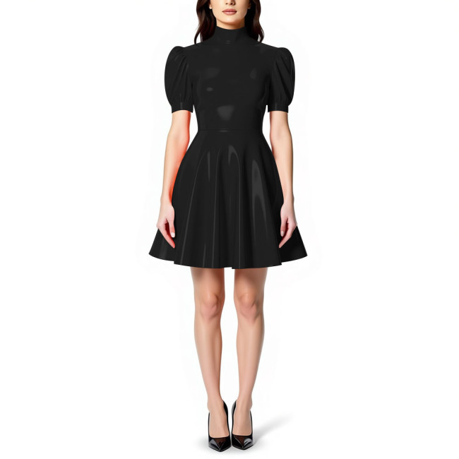 Womens High Neck PVC Shiny Mini Flared Skater Dress Glossy Patent Leather A-line Party Dress for Evening Party Clubwear Female