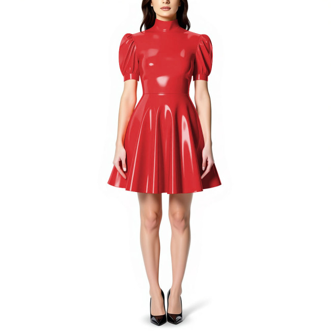 Womens High Neck PVC Shiny Mini Flared Skater Dress Glossy Patent Leather A-line Party Dress for Evening Party Clubwear Female