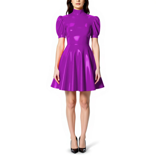 Womens High Neck PVC Shiny Mini Flared Skater Dress Glossy Patent Leather A-line Party Dress for Evening Party Clubwear Female