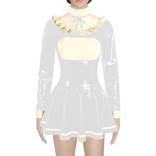 Preppy Style Shiny Mini Pleated Dress Sissy Long Sleeve Vinyl PVC Leather Lolita Dress for Rave Party Cosplay Short Gown Dresses