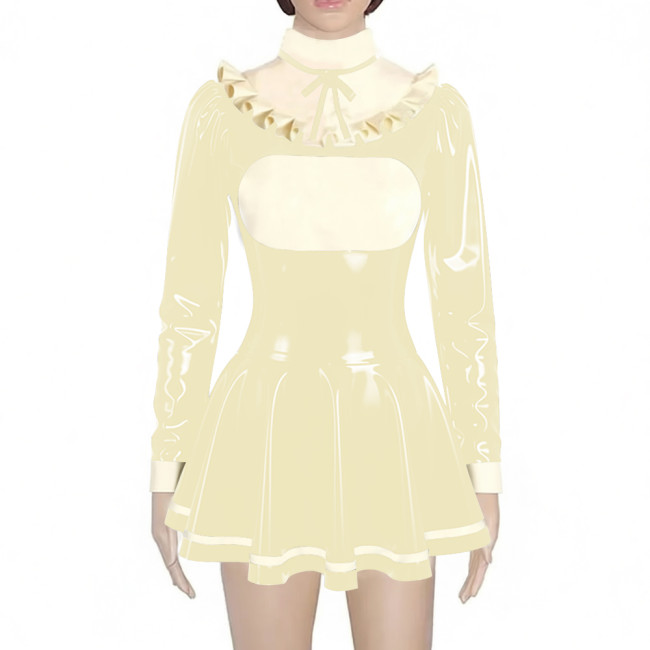 Preppy Style Shiny Mini Pleated Dress Sissy Long Sleeve Vinyl PVC Leather Lolita Dress for Rave Party Cosplay Short Gown Dresses