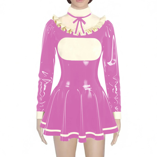 Preppy Style Shiny Mini Pleated Dress Sissy Long Sleeve Vinyl PVC Leather Lolita Dress for Rave Party Cosplay Short Gown Dresses